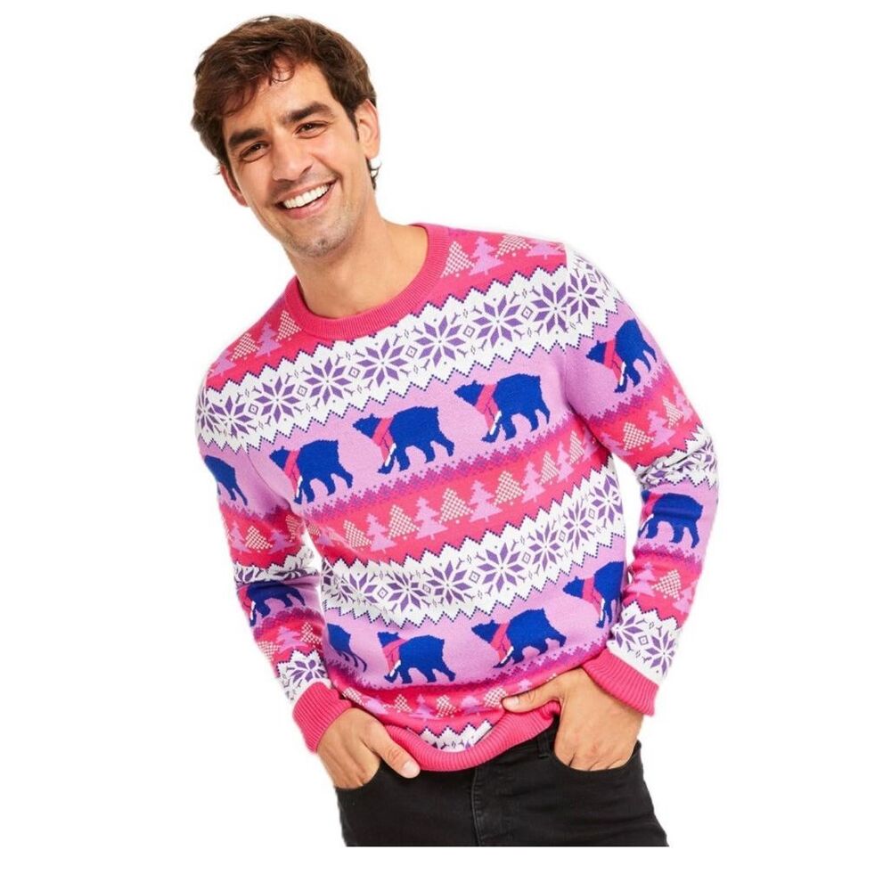 Holiday Lane Men's Santa Bear Sweater Purple Sapphire Combo XL  NEW # G539